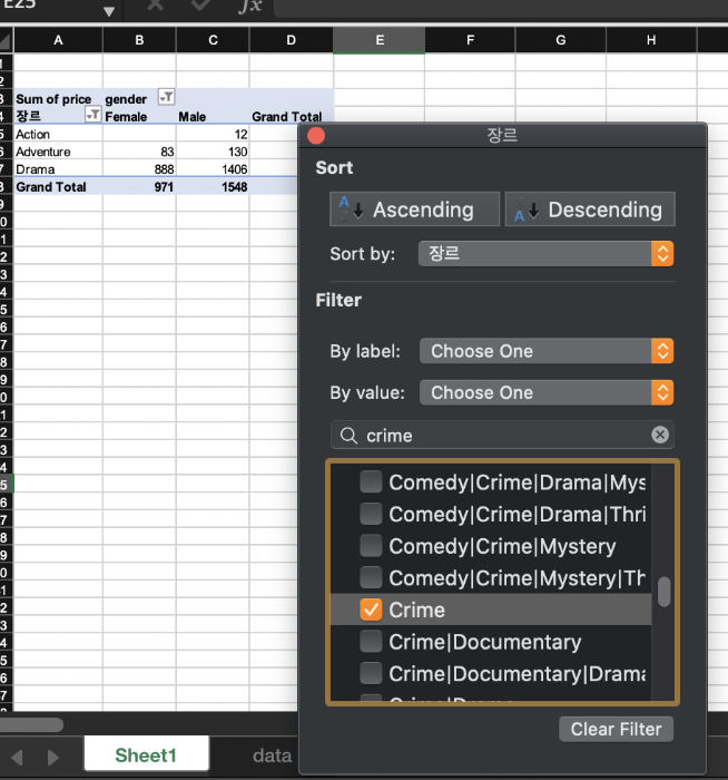 서치 메뉴에서 action, adventure, drama, crime을 선택했습니다. crime의 값은 없어서 표시가 되지 않네요.