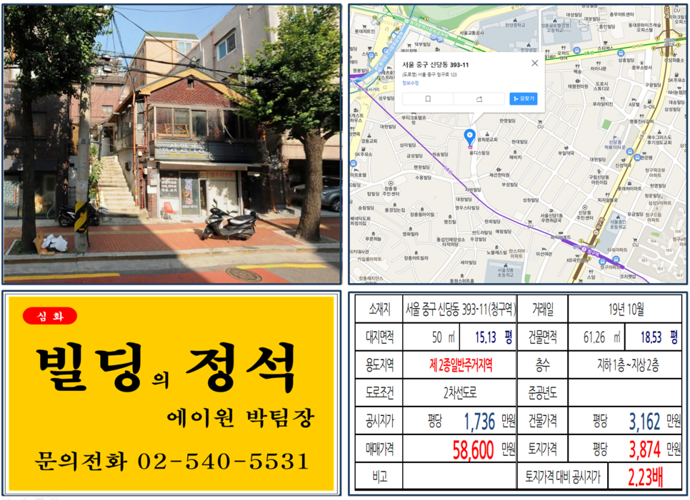  [중구 꼬마빌딩 실거래가 조회] 신당동 393-11(청구역) 5.86억, 평당 3,874만 원