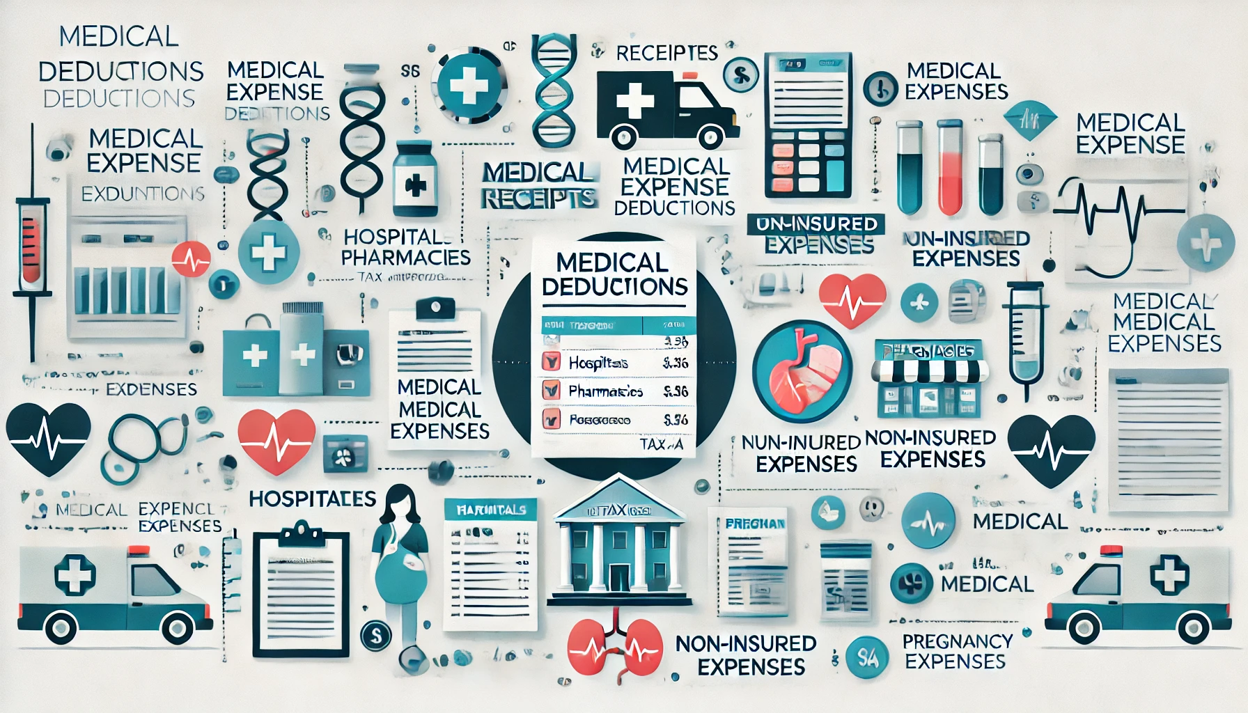 의료비 공제를 위한 영수증 준비를 설명하는 인포그래픽, 병원, 약국, 비급여 항목 영수증과 임신·출산 관련 의료비 공제 항목 강조.
