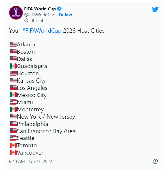 2026년 월드컵 개최국 안에 선정된 도시