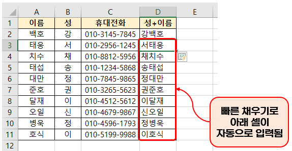 엑셀(Excel) - 빠른 채우기 실행 예시 화면