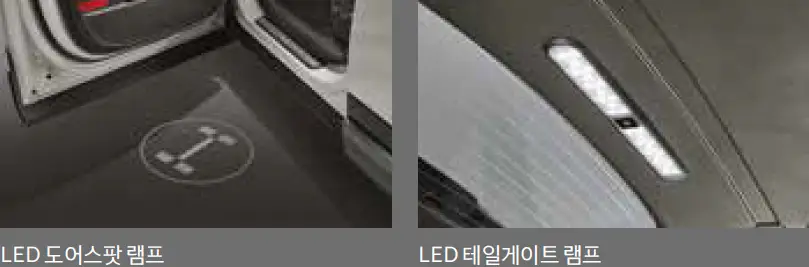 흰색 열린 차문 아래 콘크리트 바닥 위 흰동그라미 안 흰글씨 H 아래 회색바탕 흰글씨 LED 도어스팟 램프 우측 옆 검은 천정 위 LED흰 램프 아래 회색 바탕 흰글씨 LED 테일게이트램프