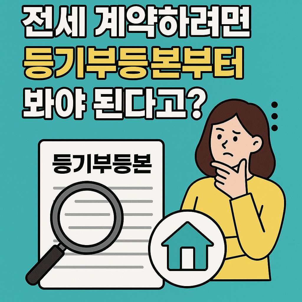 전세 계약 전 등기부등본 확인의 중요성을 주제로 한 일러스트. 고민하는 여성과 확대경 아래의 등기부등본 이미지가 함께 구성된 깔끔한 디자인.