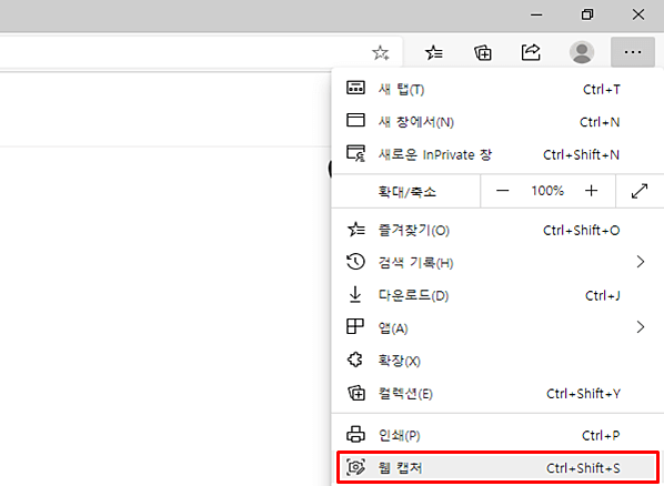 엣지 설정 메뉴 웹 캡쳐