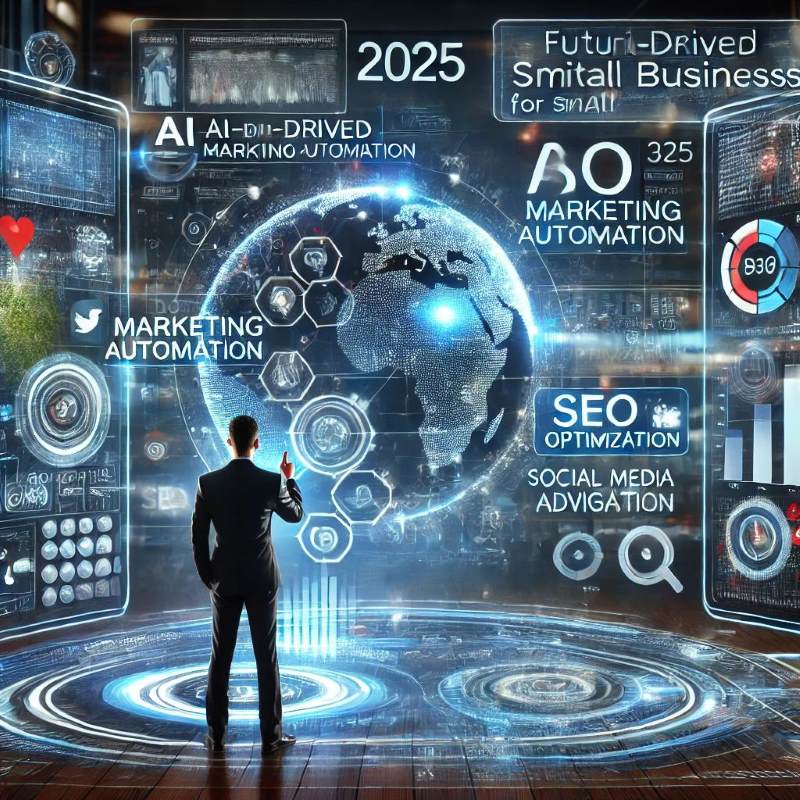 AI 기반 마케팅 자동화, SEO 최적화, 그리고 소셜 미디어 광고를 포함한 2025년 중소기업 디지털 마케팅 전략을 시각적으로 표현한 이미지