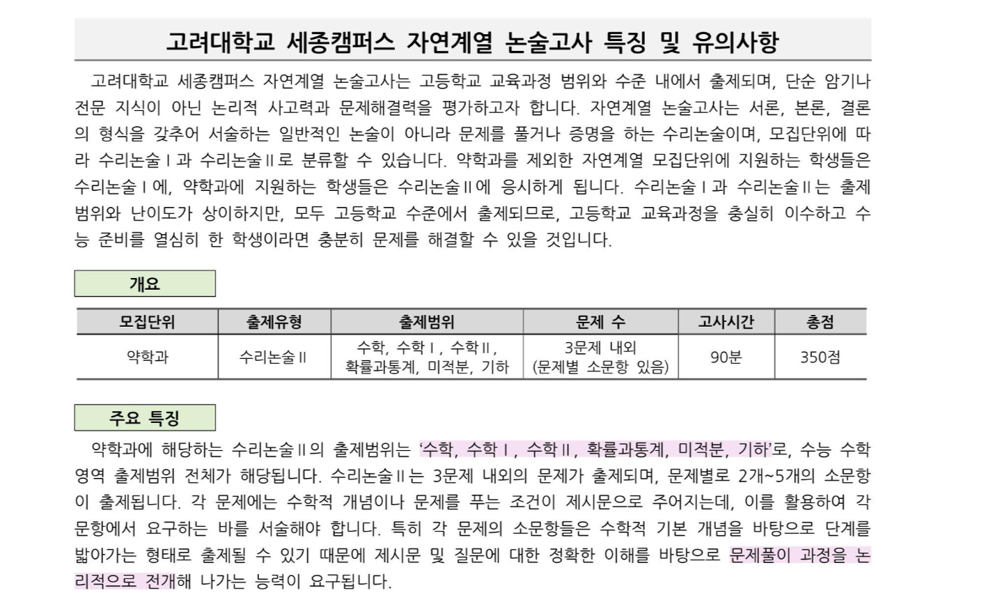 2022학년도-고려대학교-세종캠퍼스-자연계열-논술고사-특징