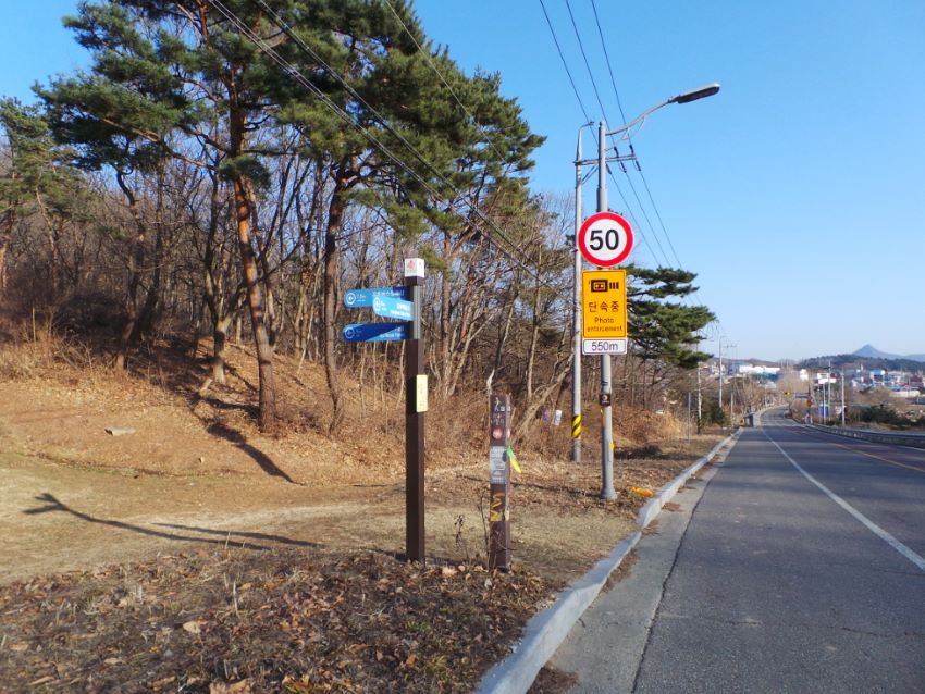 푸른 하늘, 우측 대포변, 왼쪽에 야산, 솨무 숲, 교통 표지판 속도제한 50km, 왼쪽에 이정표,