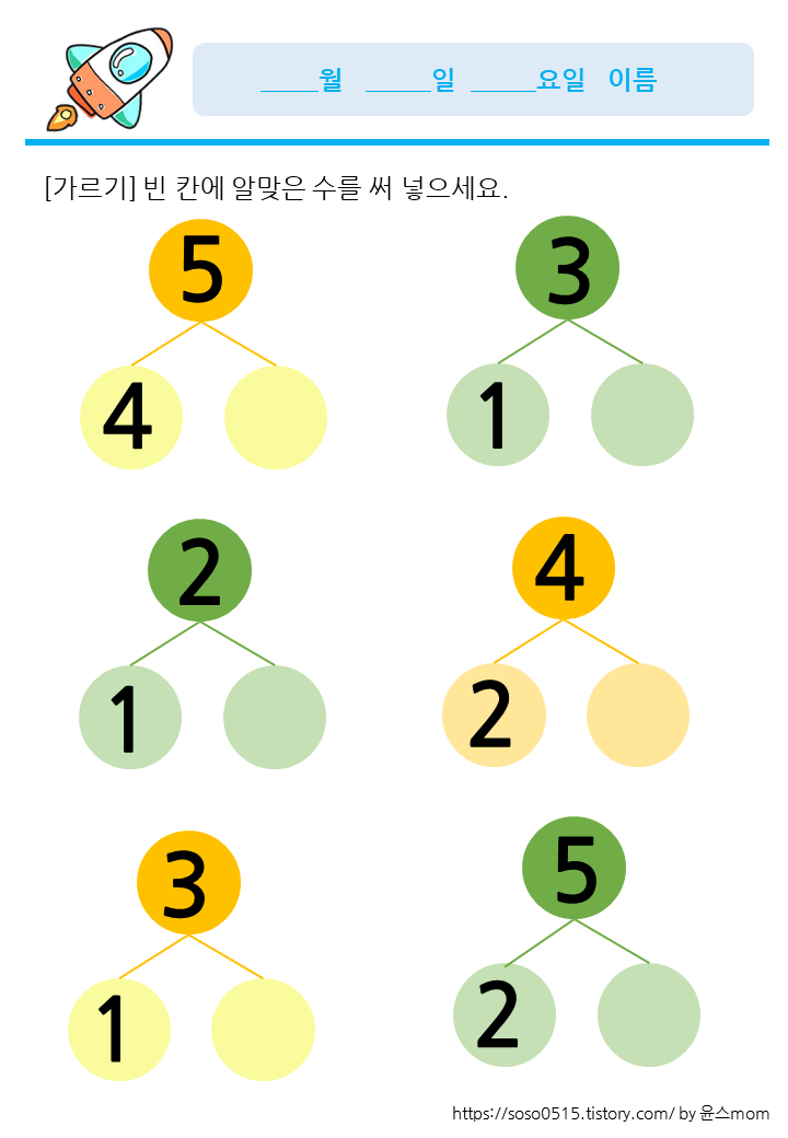  가르기 / 5이내의 수 혼합 가르기 / 유아수학 / 무료 수학 프린트 학습지 / 엄마표 무표 프린트 학습지