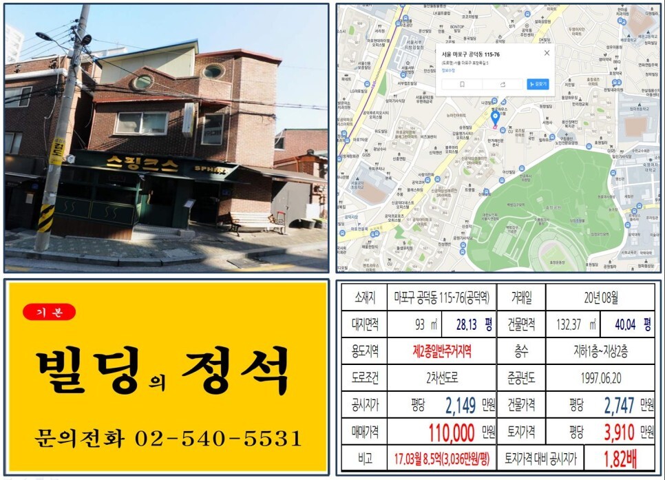  [마포구 한겨례신문사 10억 올근생 꼬마빌딩 실거래가 조회] 공덕동 115-76 (공덕역) 11억 원, 평당 3,910만 원 매매되었습