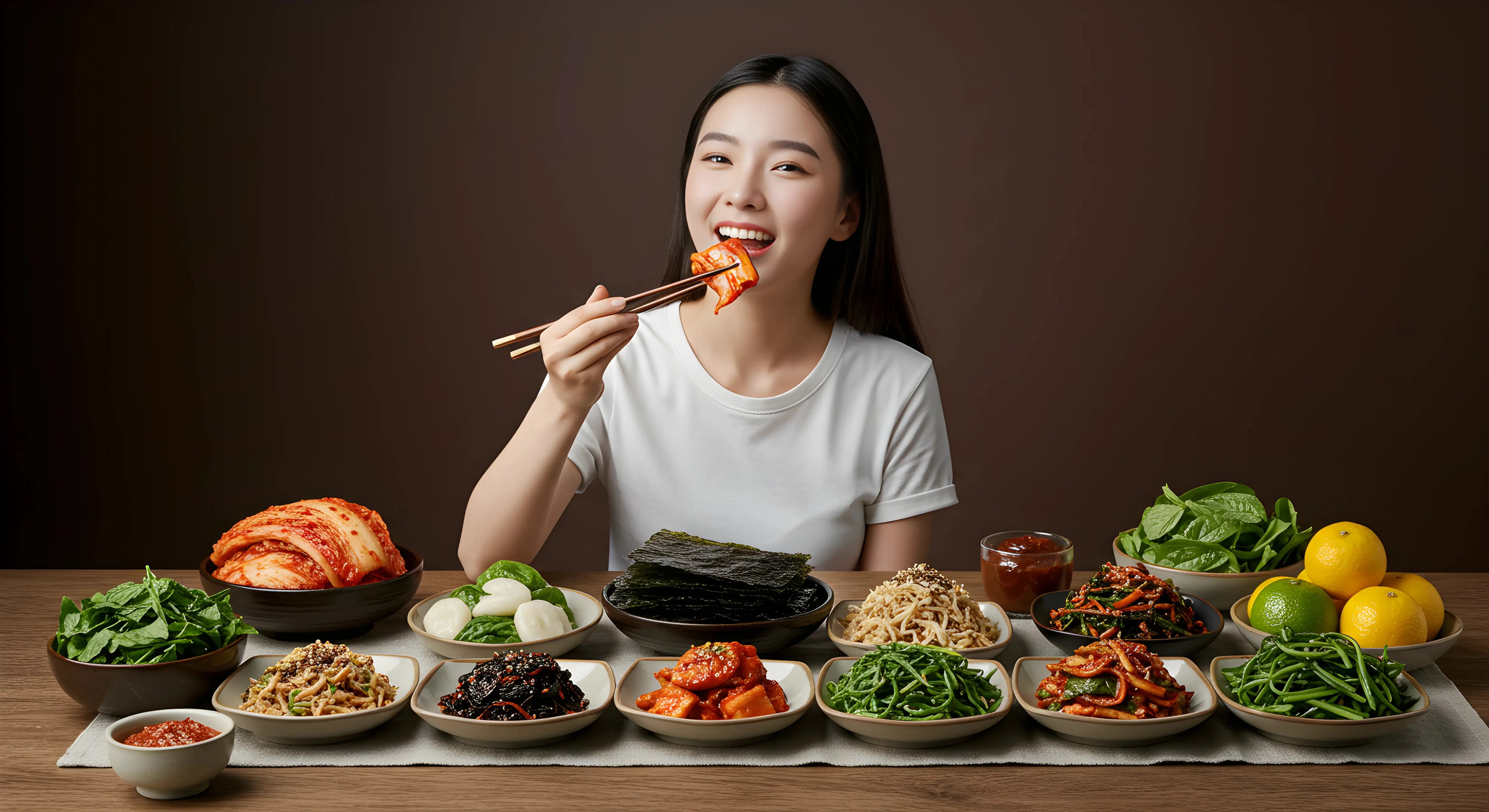갈색 배경 앞에서 젊은 여성이 흰색 티셔츠를 입고 김치를 젓가락으로 먹고 있으며, 테이블 위에는 김치, 된장, 해조류, 다양한 나물, 유자 등 여러 한국 전통 식품들이 그릇에 담겨 아름답게 배열되어 있다.