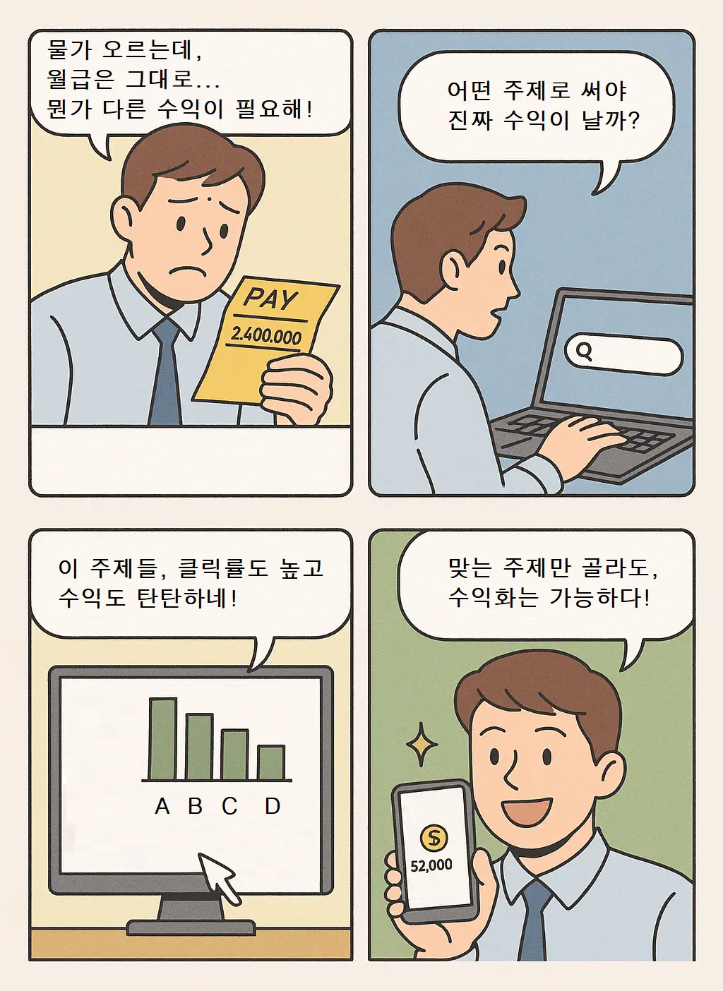 2025년 블로그 수익화 주제 선택과 성공 사례를 보여주는 4컷 웹툰: 현실 고민, 주제 탐색, 클릭률 높은 주제, 첫 수익 경험을 순서대로 묘사