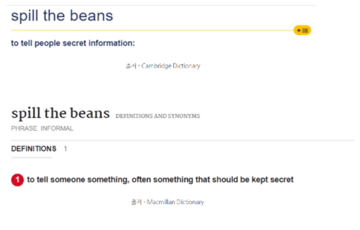 영영사전에서 찾아본 Spill the beans 의미