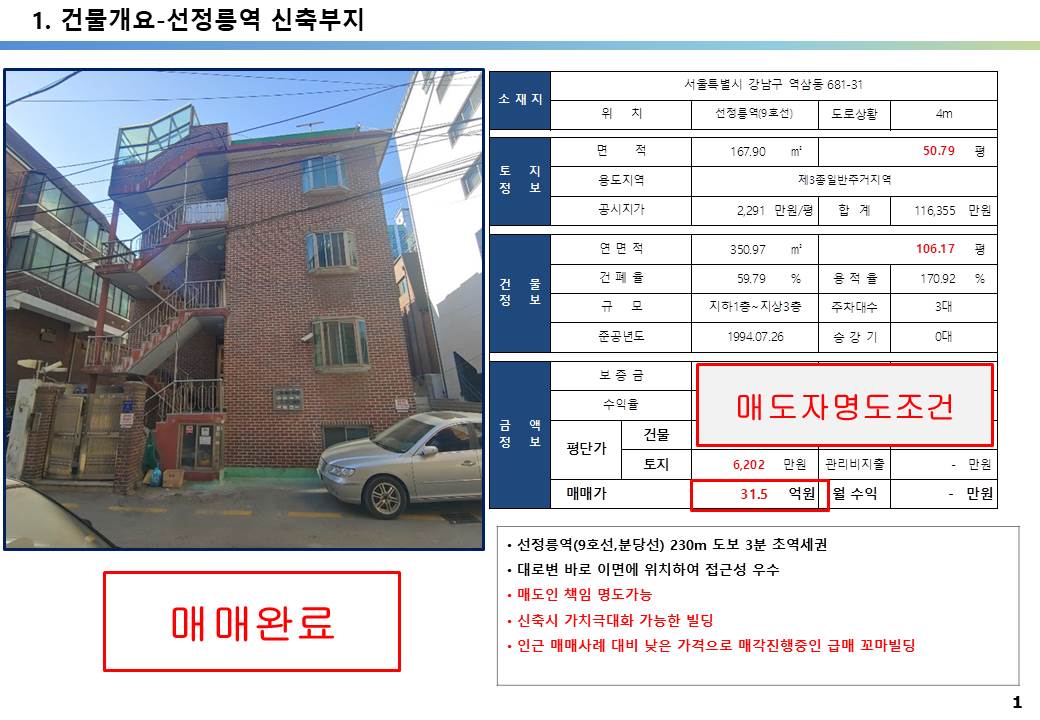 강남구 더블역세권 매도자 명도조건 신축부지 30억 꼬마빌딩 투자사례