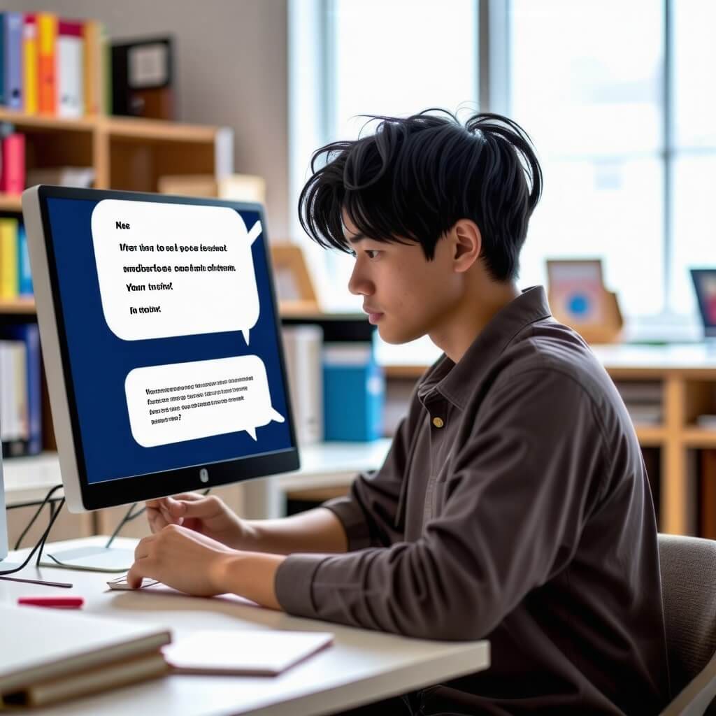AI 튜터와의 상호작용: 학생이 AI 튜터와 대화하며 질문을 하고&amp;#44; AI가 실시간으로 답변하는 모습. 화면에 대화 내용이 표시되고&amp;#44; 학생이 집중하는 모습. 