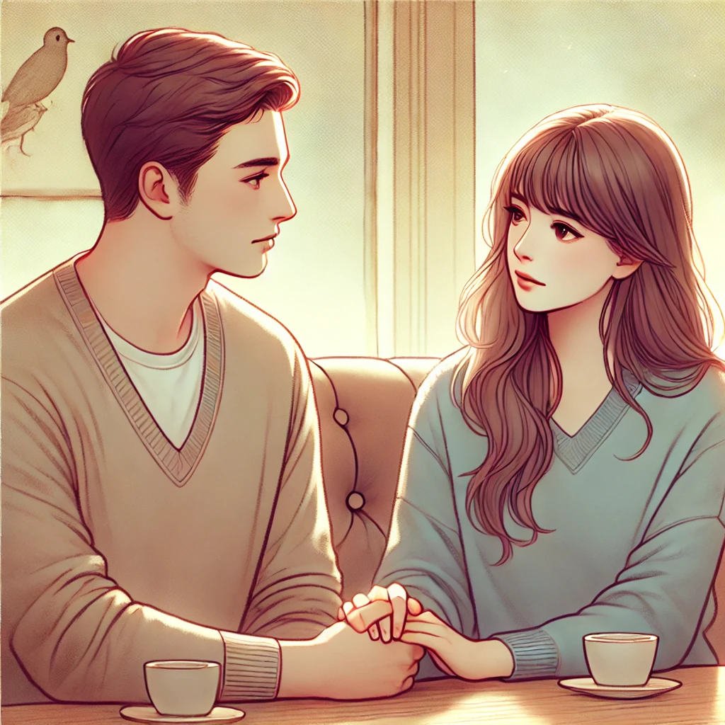 카페에서 손을 맞잡고 진지한 대화를 나누는 연인, 따뜻하고 이해하는 분위기