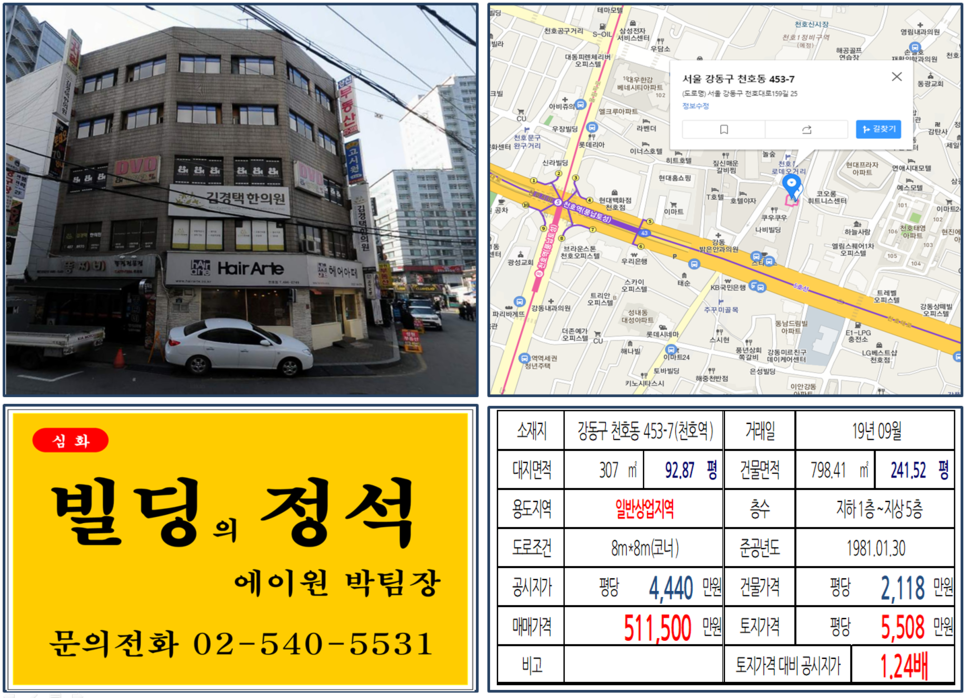  [강동구 천호동로데오거리 코너빌딩 실거래가 조회] 천호동 453-7 (천호역) 51.15억 원, 평당 5,508만 원, 천호동 로데오거리 일반상
