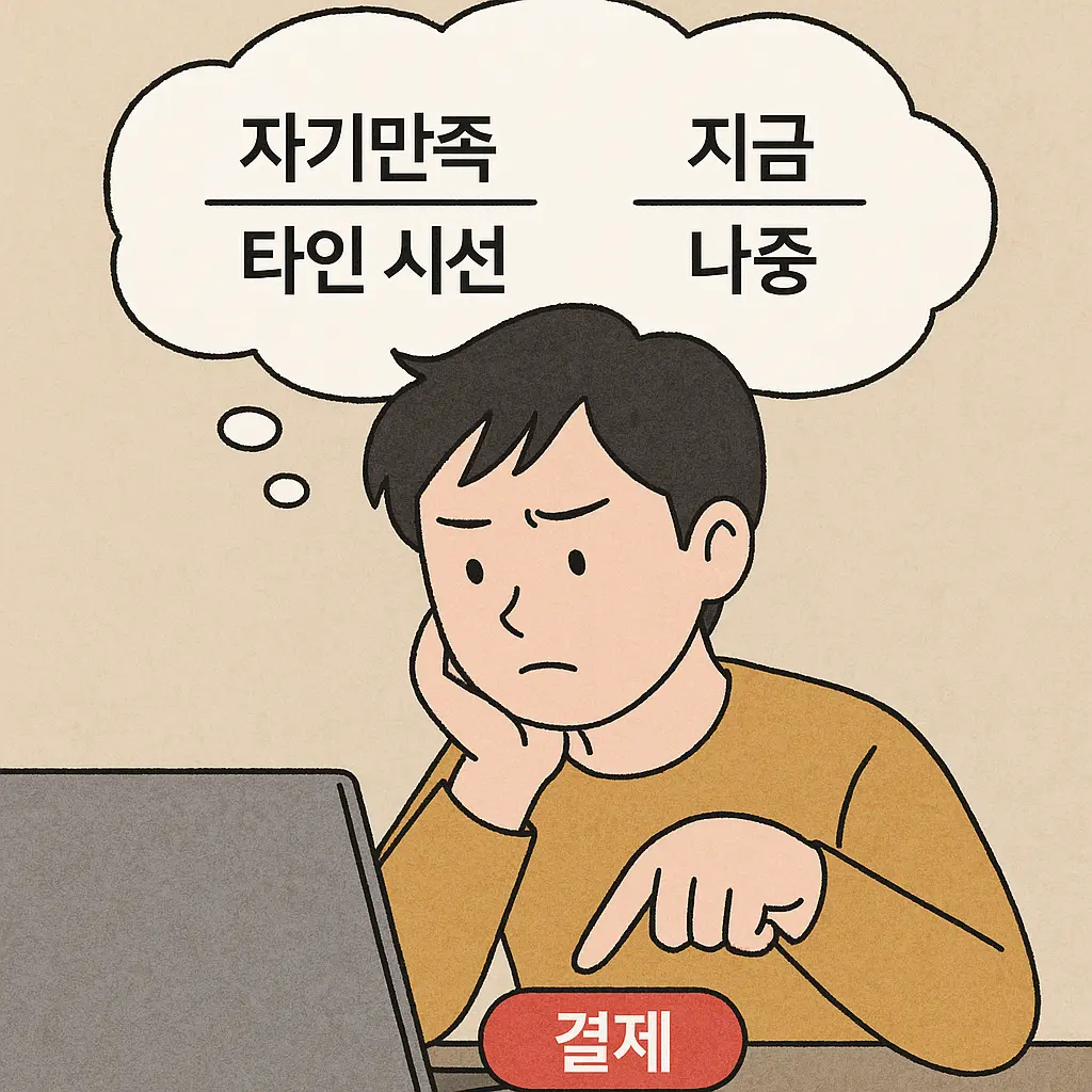 결제 버튼 앞에서 손을 멈추고 고민하는 남성. 생각 구름 안에 '자기만족 vs 타인 시선', '지금 vs 나중'이 떠 있음.