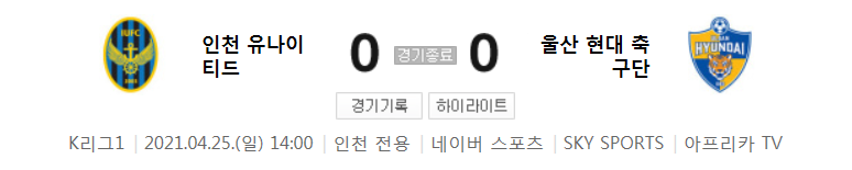  2021 K리그1 / 12라운드 - 인천 유나이티드 대 울산 현대 축구단 (2021년 4월 25일 경기 하이라이트)