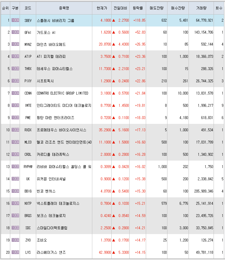 1월14일 미국주식 상승률 상위 종목 TOP 300