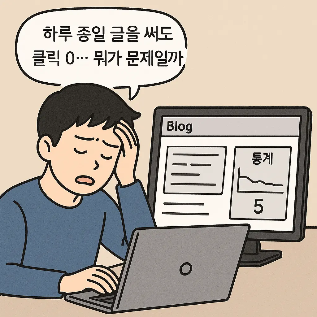 블로그 통계창을 보며 한숨 쉬는 남성, 방문자 수 5명에 좌절한 모습