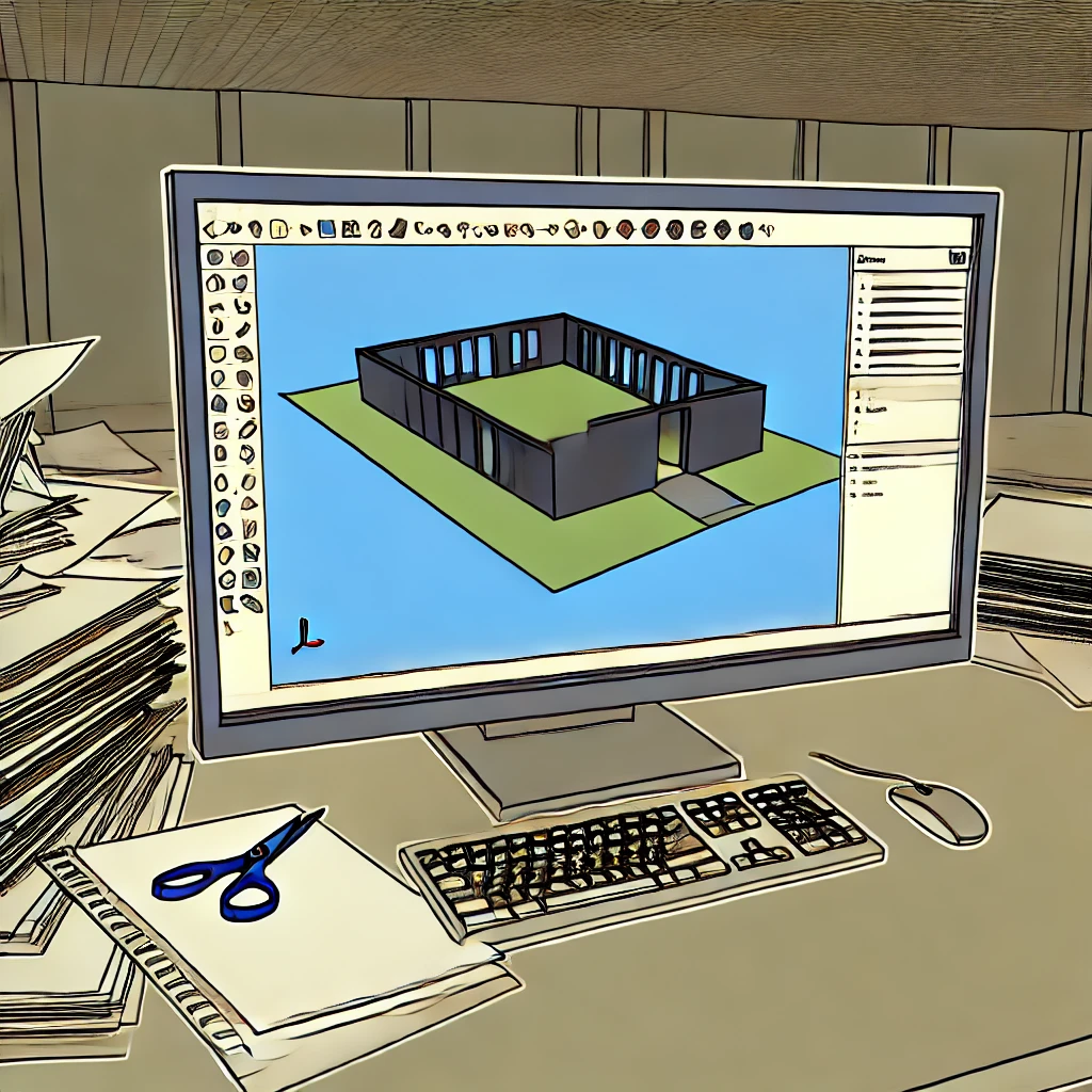 현대적인 웹툰 스타일의 이미지로, 복잡한 3D 모델 작업 중인 어수선한 컴퓨터 작업 공간을 보여줍니다. 화면에는 스케치업으로 만든 건물 모델이 열려 있고, 주변에는 다양한 디자인 도구와 문서들이 놓여 있습니다.
