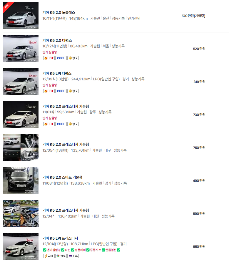 K5(10~13년식) 중고차 가격