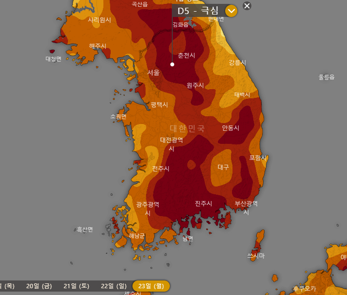 윈디닷컴-2022년-5월23일-월요일-가뭄강도-예측모델-한반도-한국-지도