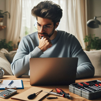 노트북 수리 도구와 함께 작업에 집중하는 남성