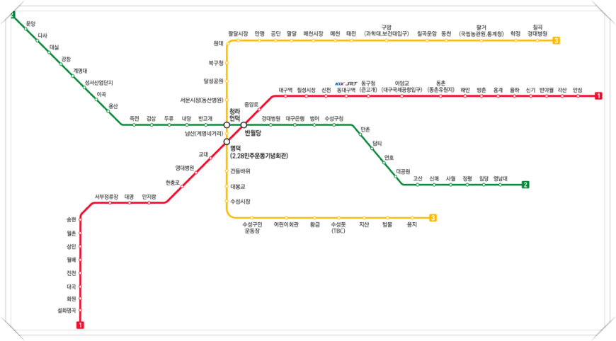 대구 지하철 노선도 1&#44;23 호선 총 노선표입니다.