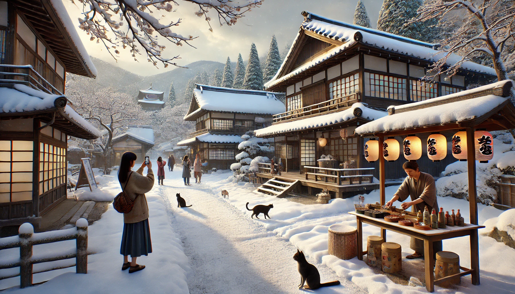 겨울철 니지모리 스튜디오의 설경. 눈 덮인 일본식 건물과 정원, 사진을 찍는 방문객들, 그리고 고양이들이 어우러진 평화로운 분위기의 풍경.