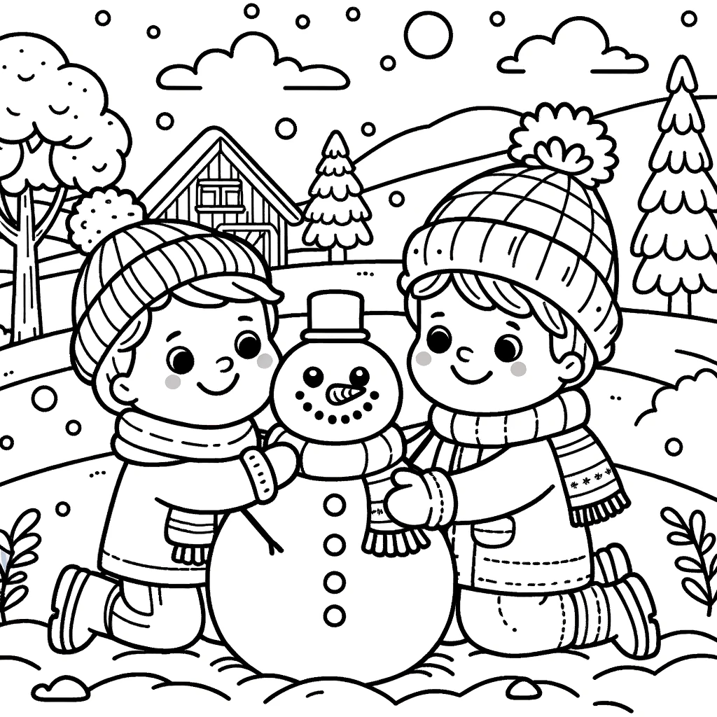 눈사람 만드는 아이들 색칠공부 도안 kids making snowman coloring page