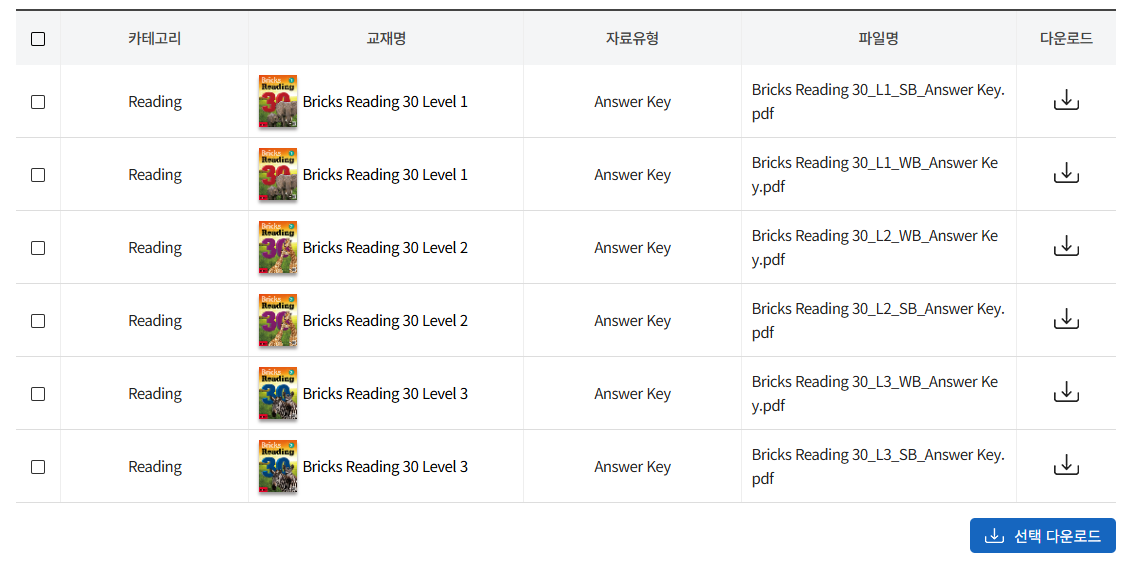 브릭스 리딩 30 답지 레벨 1, 2, 3 다운로드