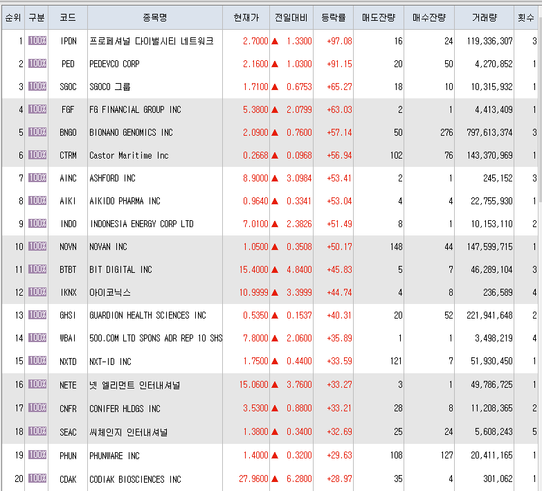  12월30일 미국주식 상승률 상위 종목 TOP 200