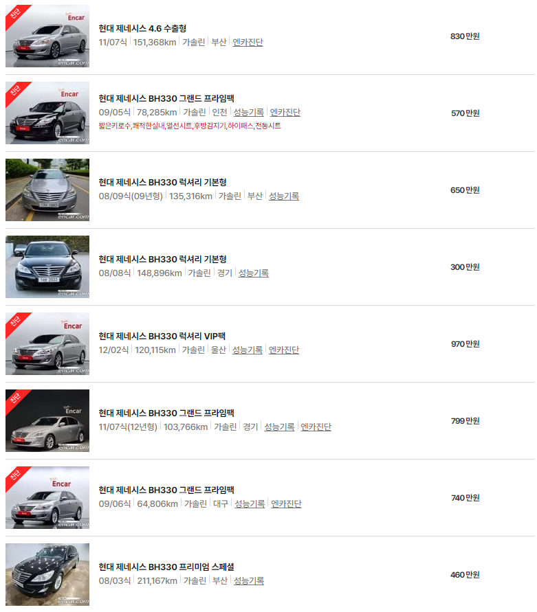 제네시스(08~13년식) 중고차 가격