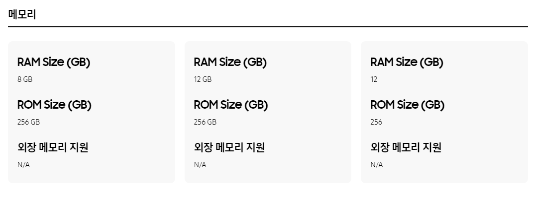 폰3대-메모리사양-비교