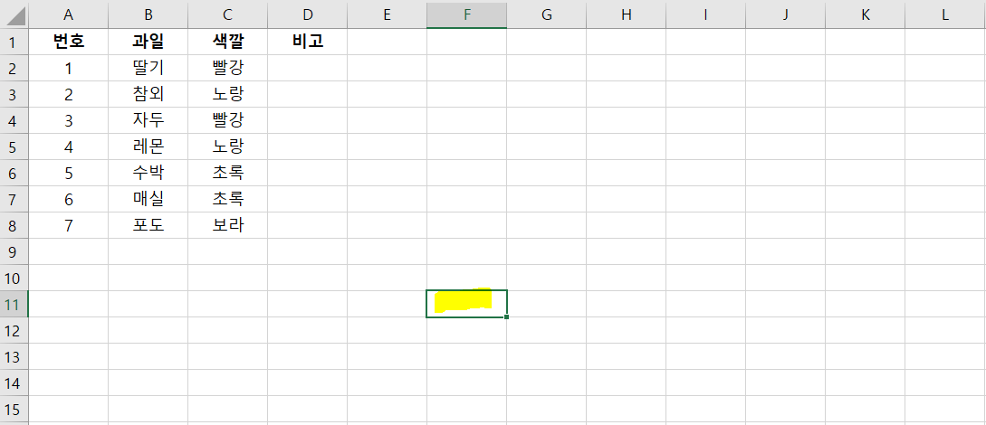 정보가-없는-셀을-선택하고-Ctrl-Shift-Spacebar를-동시에-누르기