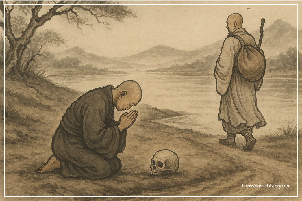 해골 앞에서 절을 올리는 원효대사와 인사를 나누고 조용히 길을 떠나는 의상대사가 동양 수묵화 스타일로 묘사된 장면