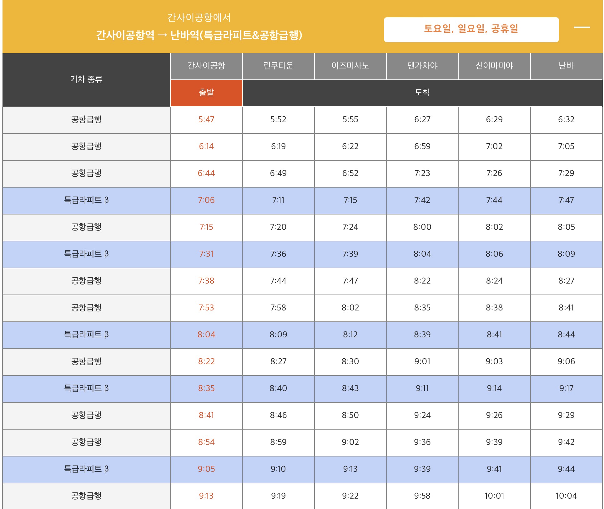 공항급행시간표(간사이공항에서난바역)