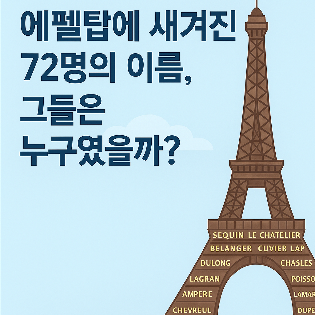 에펠탑에 새겨진 72인의 이름을 주제로 한 인포그래픽. 부드러운 하늘색 배경에 갈색 톤의 에펠탑이 중심에 배치되어 있으며, 하단에는 과학자와 엔지니어 18인의 이름이 황금빛으로 새겨진 모습이 묘사됨.