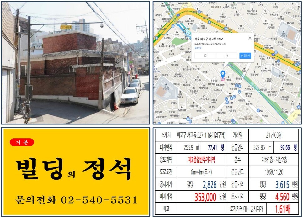  [마포구 경의선 책거리 30억 꼬마빌딩 신축부지 실거래가 조회] 서교동 327-1 (홍대입구역) 35억 3,000만 원, 평당 4,560만 원 매매되었습니다.