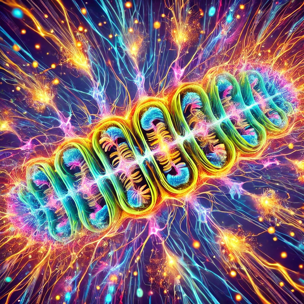 만화경(kaleidoscope) 속에서 전기적 불꽃처럼 번쩍이는 전자전달계&amp;#44; 형형색색의 빛의 흐름을 통해 에너지가 생성되는 과정