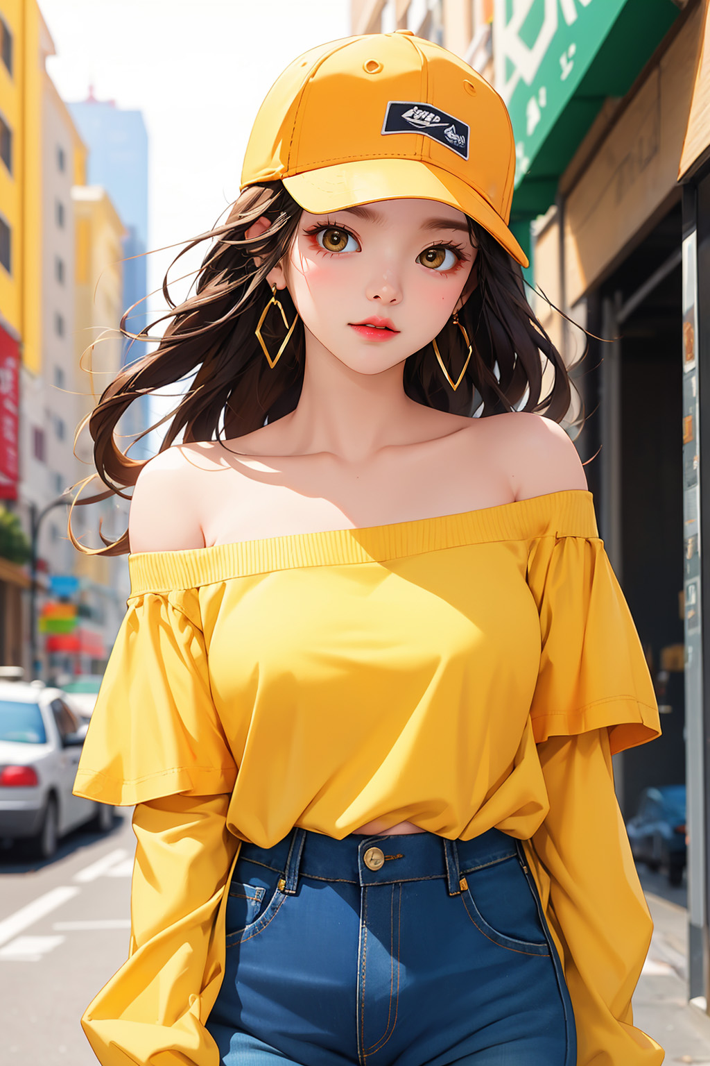  AI로 생성한 노란색 볼캡 오프숄더 청바지 2D 이미지 - 2
