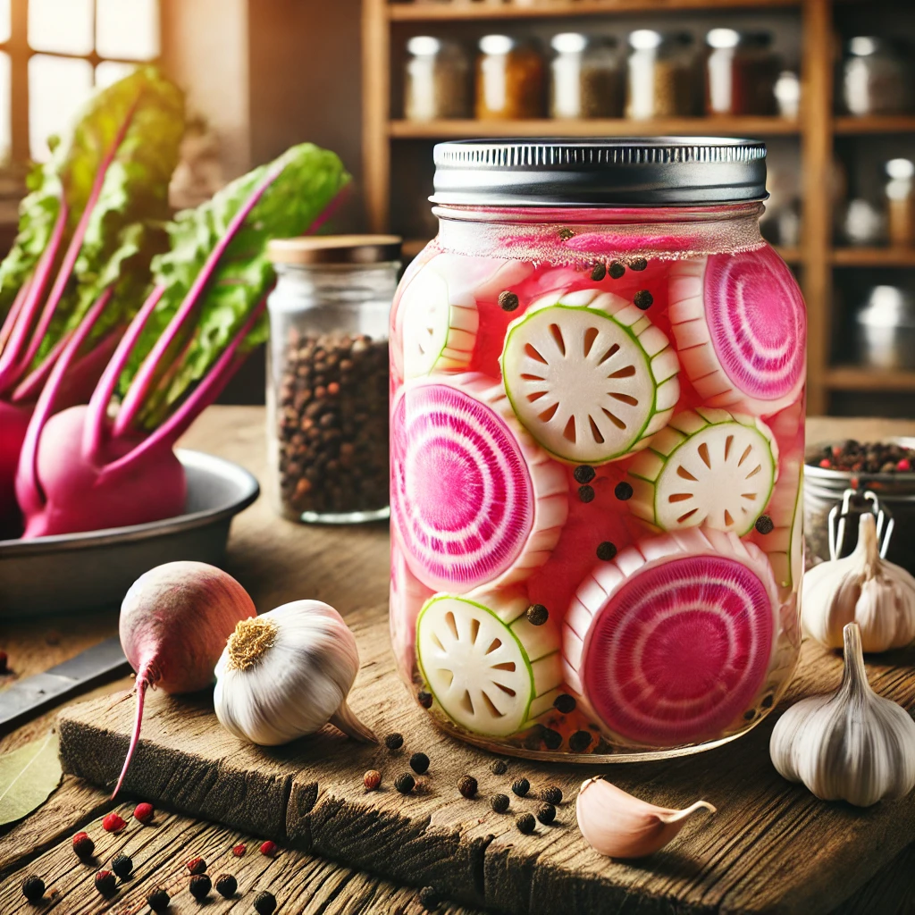 &quot;A jar of kohlrabi pickles featuring neatly sliced kohlrabi in a light pink brine made with beet and vinegar, placed on a rustic wooden table with scattered spices like black pepper, bay leaves, and garlic around it.&quot;