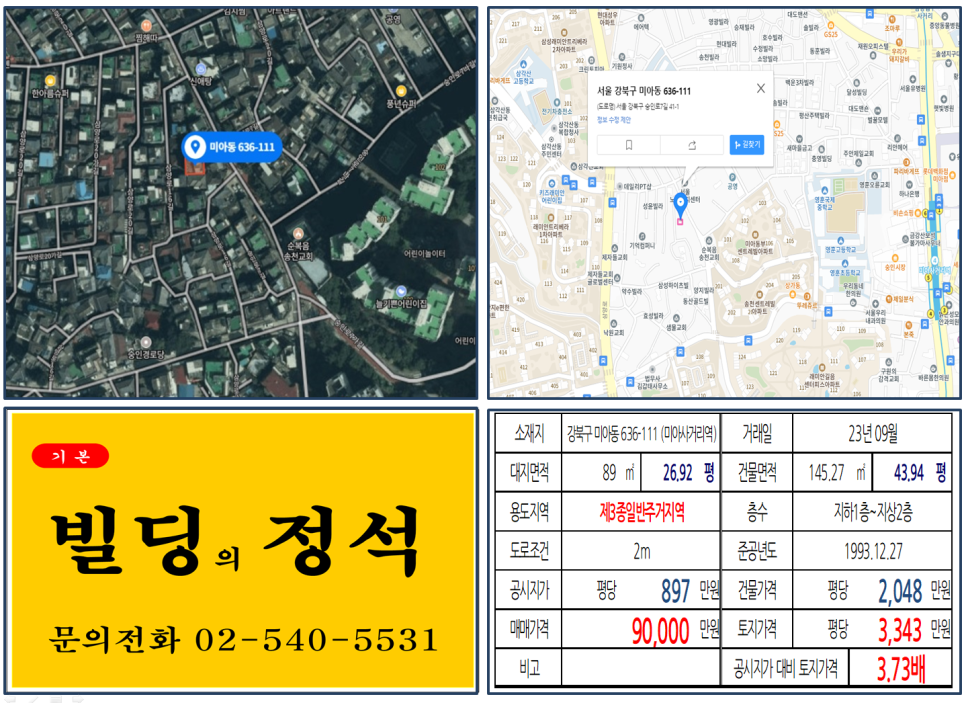  [강북구 미아동부센트레빌 앞 9억 꼬마빌딩 실거래가 조회] 미아동 636-111 (미아사거리역) 9억 원, 평당 3,343만 원 매매되었습니다.