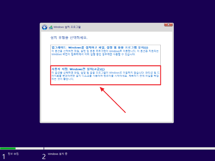 사용자 지정: Windows만 설치(고급) 선택