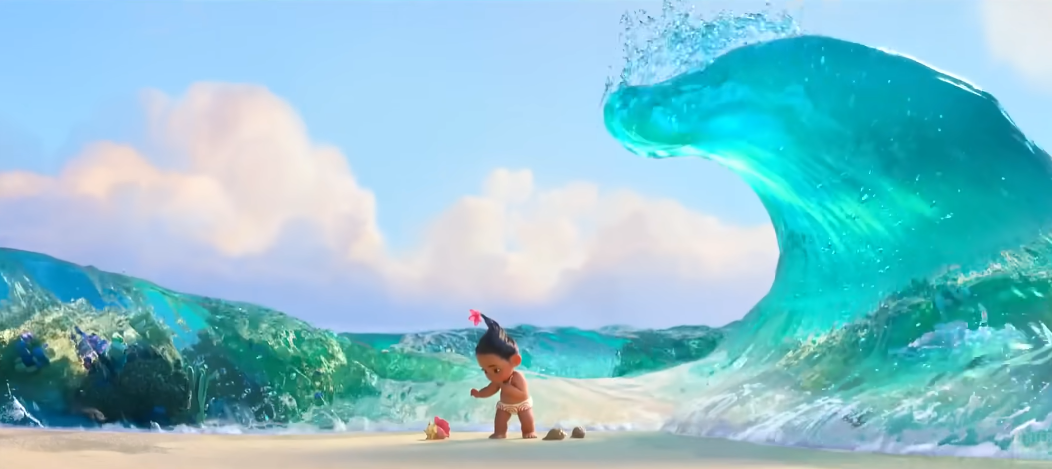 모아나의 어린 시절과 바다의 그래픽이 잘 보이는 영화 속 한 장면.