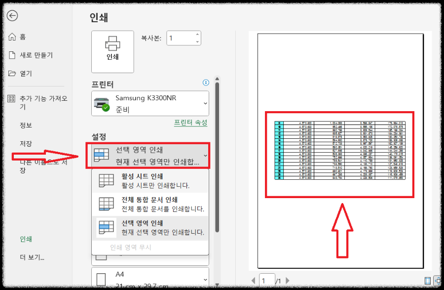 선택 영역만 나온 인쇄 미리 보기