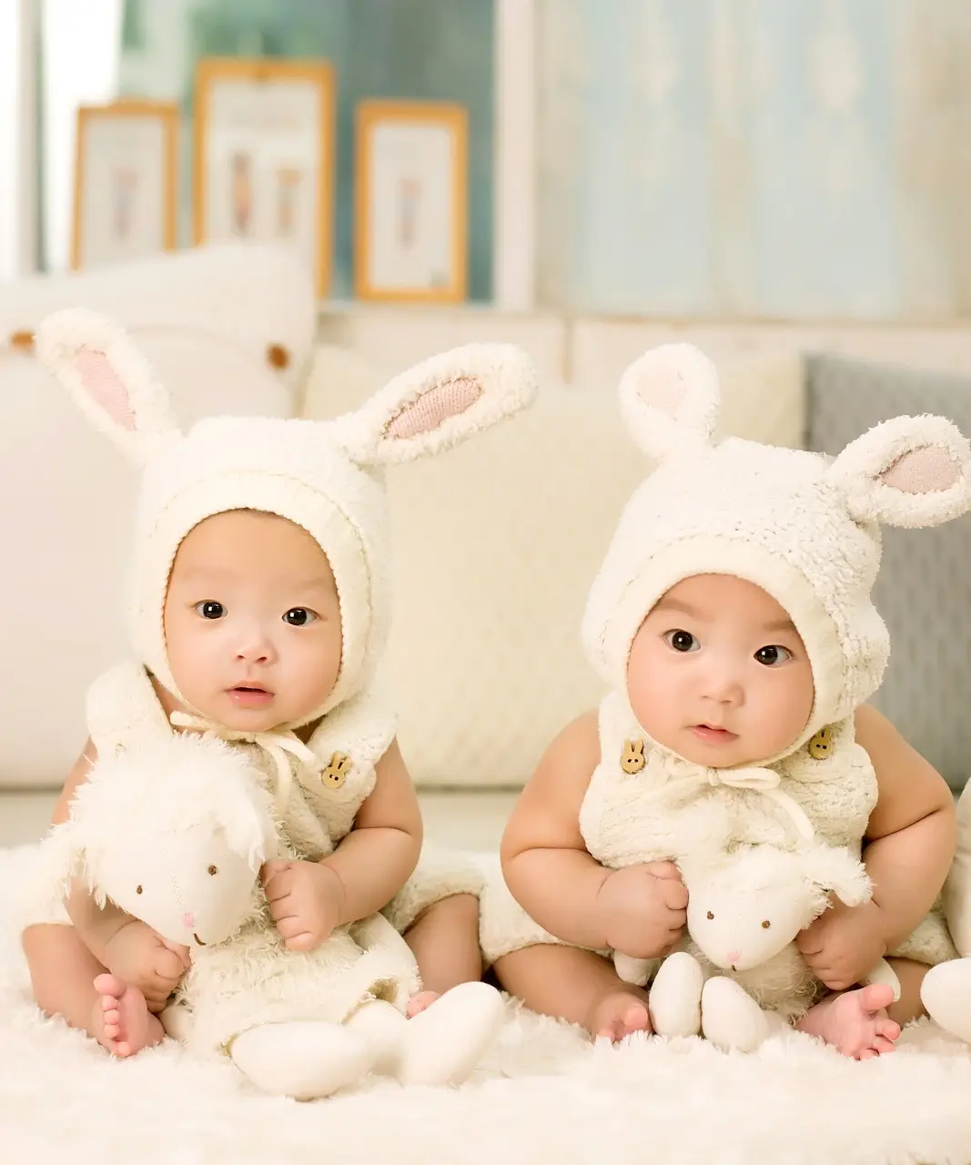 출산지원금- 토끼모자를 쓰고 흰옷을 입은 아기 쌍둥이가 토끼인형을 들고 앉아서 앞을 진지하게 보고있는 모습