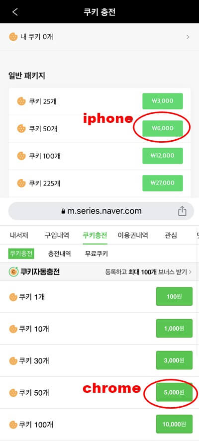 시리즈-쿠키충전-비교스크린샷