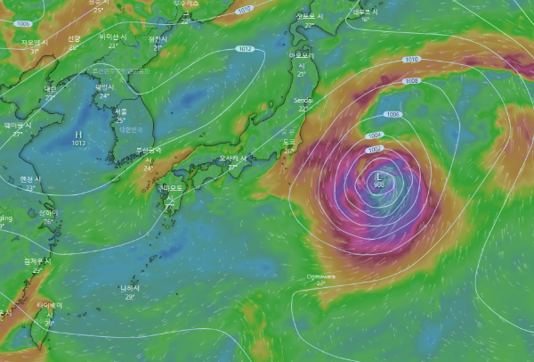 윈디닷컴-ECMWF-돌풍-예측모델-2022년-9월28일-15시-모습